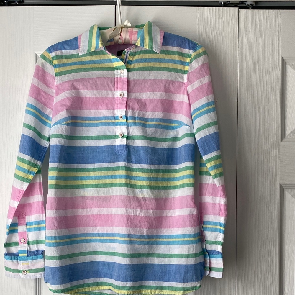 Talbots Pastel Striped Collared Button-Front Shirt - Pink, Blue, Green, Cream